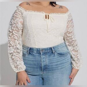 $55 New Torrid 4 4X 26 Stretch Lace Corset Seamed Off Shoulder Ivory Shirt Top